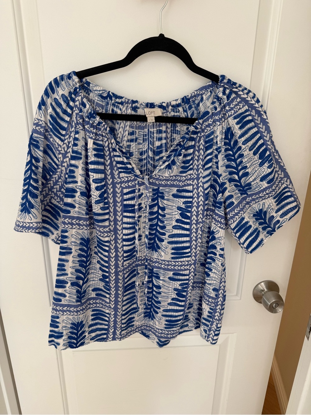LOFT Blue and White Off-Shoulder Printed Peasant Top